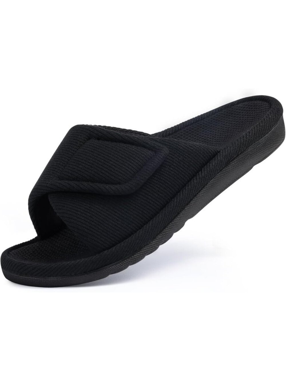 Women's Black Summer Open Toe Waffle Comfortable Adjustable Strap Flat Slippers